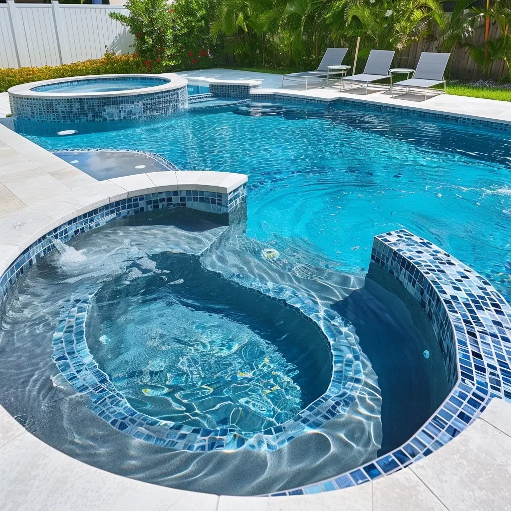 Concrete pool with a raised mosaic-tile spa and travertine deck beside a waterfront home