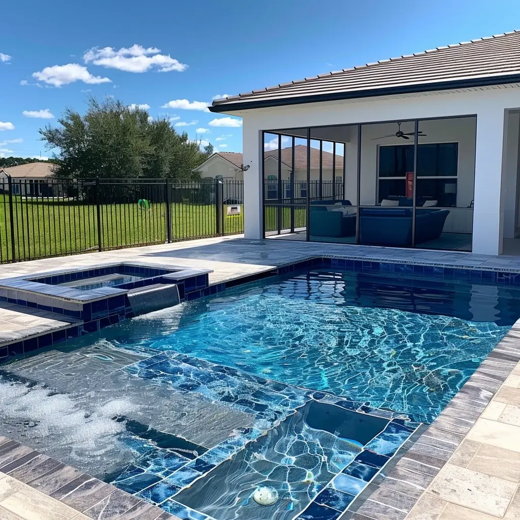 Pool with a sun shelf, bubblers and a spa beside a screened lanai