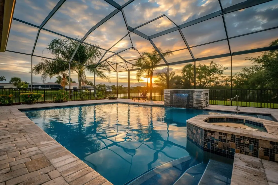 Screened pool with a raised spa and waterfall at sunset