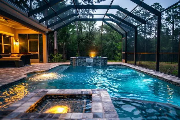 Screened pool and spa lit at night with a stone water feature