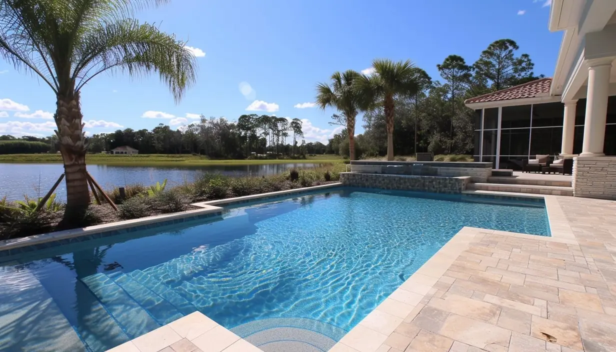 Pool with a travertine deck and palm trees overlooking a pond