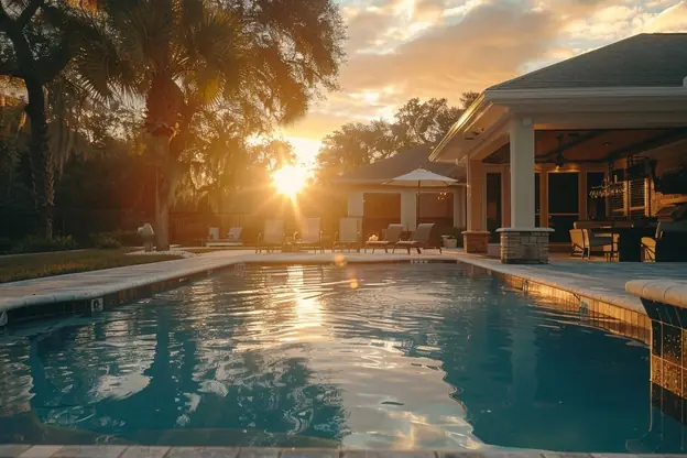 Pool at sunset beside a covered outdoor living area