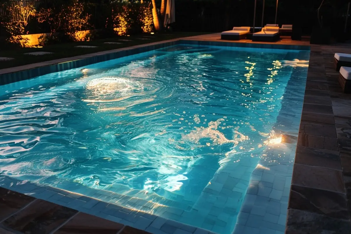 Rectangular pool lit at night with loungers along the deck