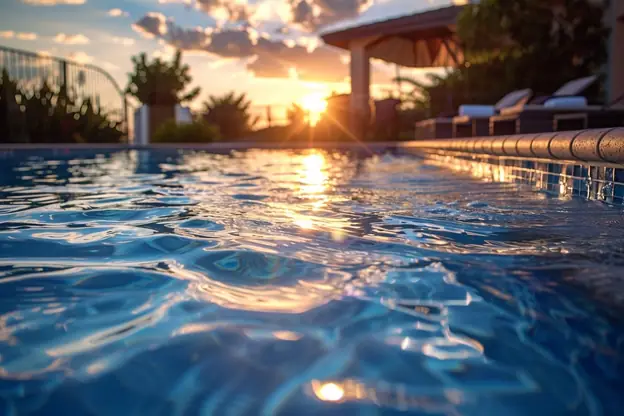 Close-up of pool water at sunset with a covered patio behind