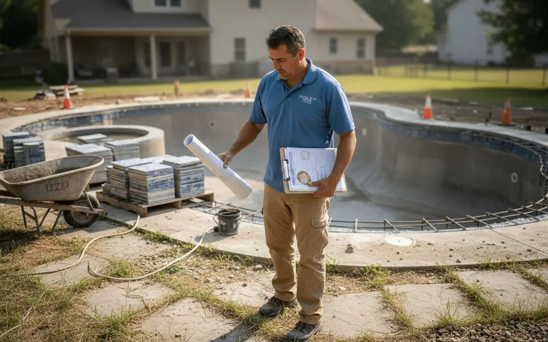 Pool builder with plans and clipboard beside a kidney-shaped concrete pool shell under construction