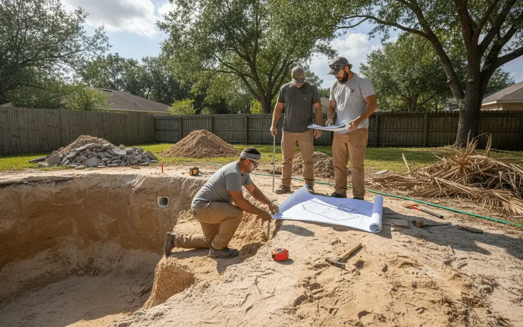 Crew reviewing plans beside a freshly dug pool excavation
