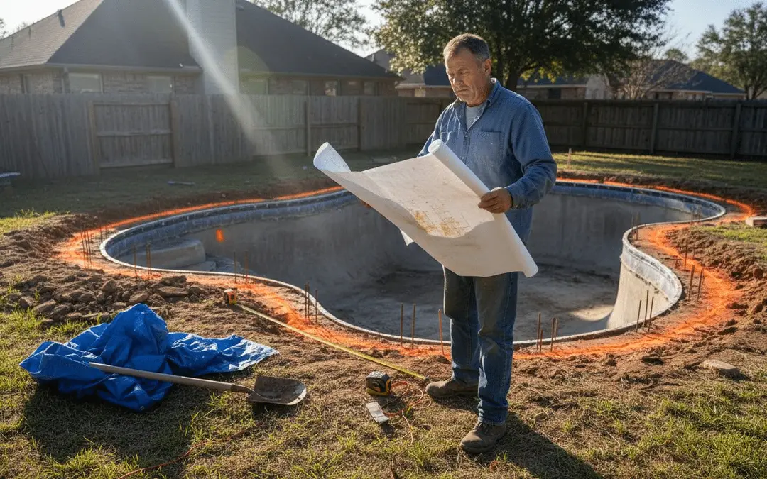 Contractor reading plans beside a freshly dug freeform pool shell outlined in orange paint