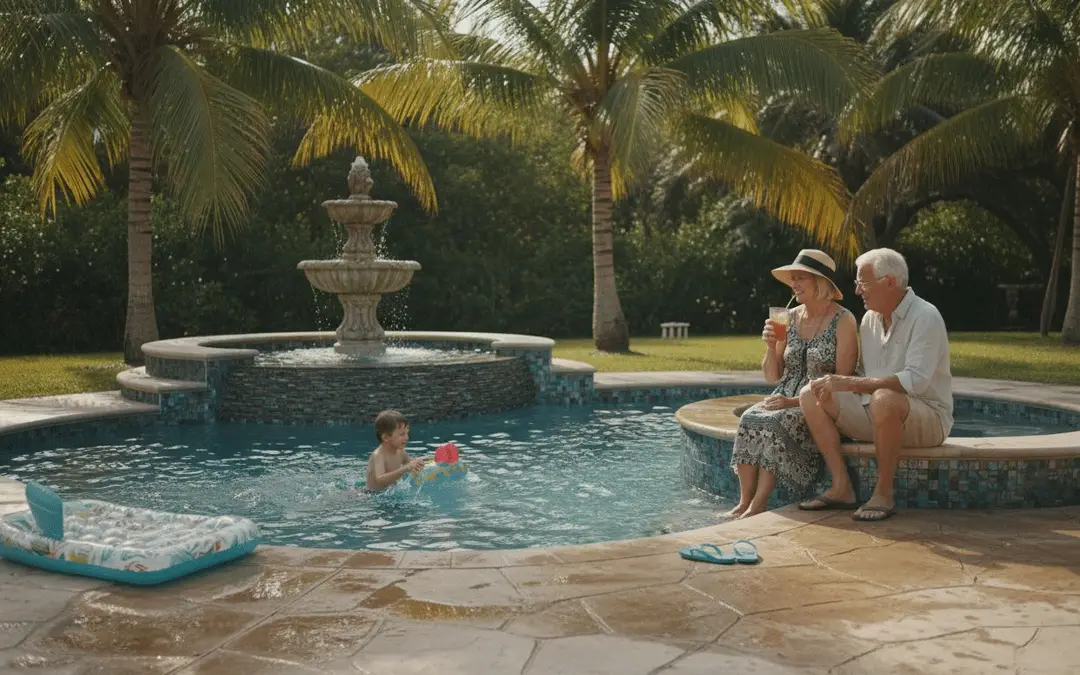 Grandparents relaxing on a raised spa wall while a child swims near a tiered fountain