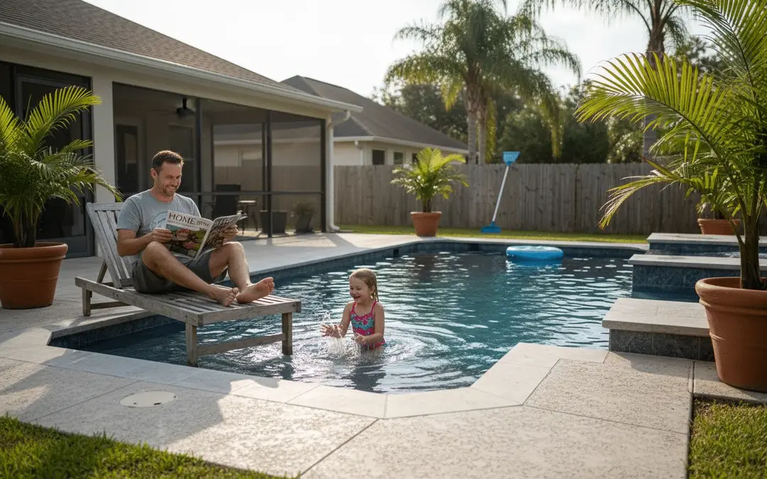 Father reading on a lounge chair while his daughter plays in a backyard pool with a raised spa