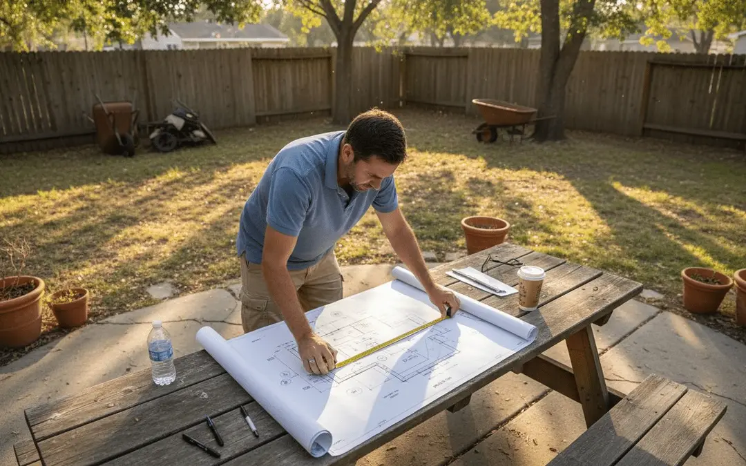 Pool designer measuring a layout drawing on a picnic table in a fenced backyard