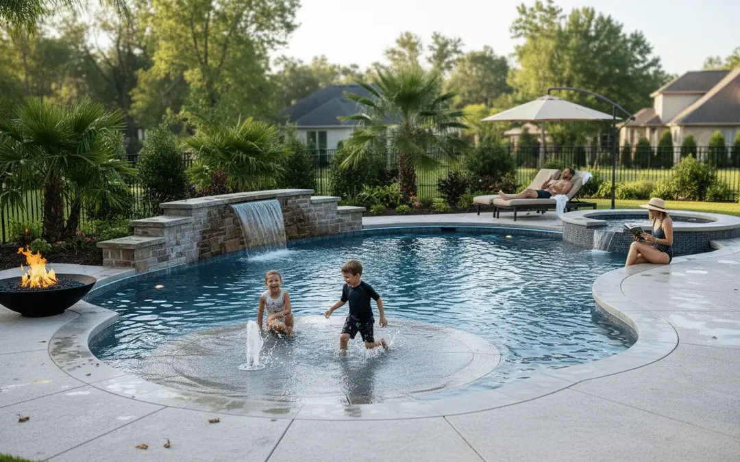 Kids playing on a sun shelf in a freeform pool with a fire bowl and waterfall