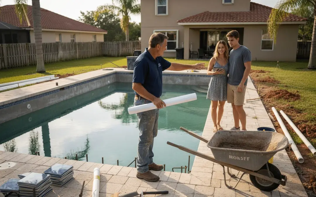 Pool contractor with plans talking to a couple beside a pool under construction