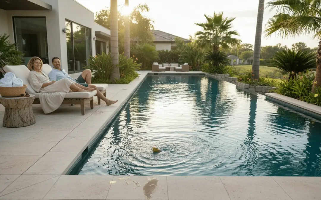 Couple relaxing on loungers beside a long rectangular pool at a modern Florida home