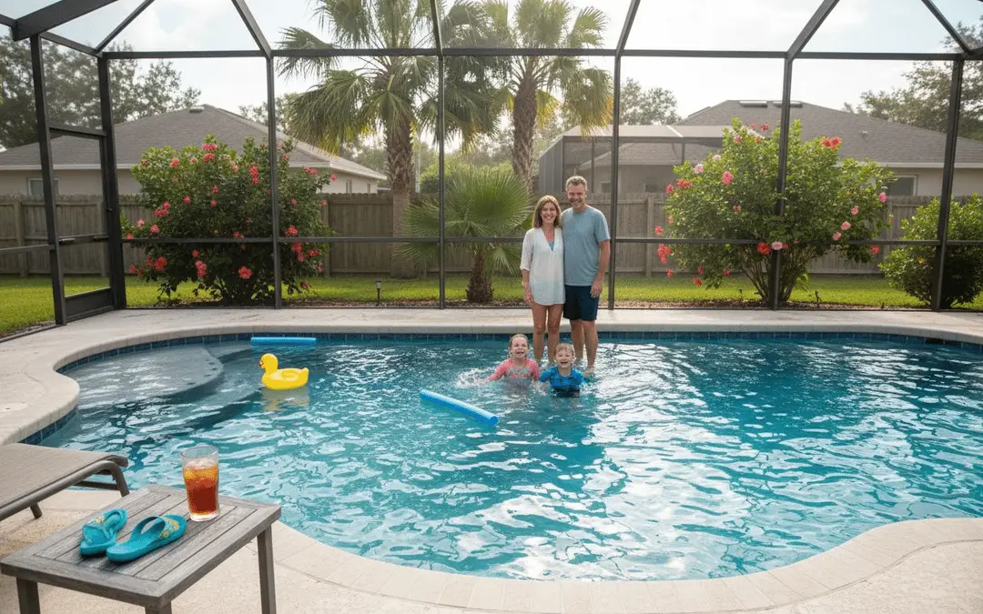 Family standing in a freeform pool inside a screen enclosure