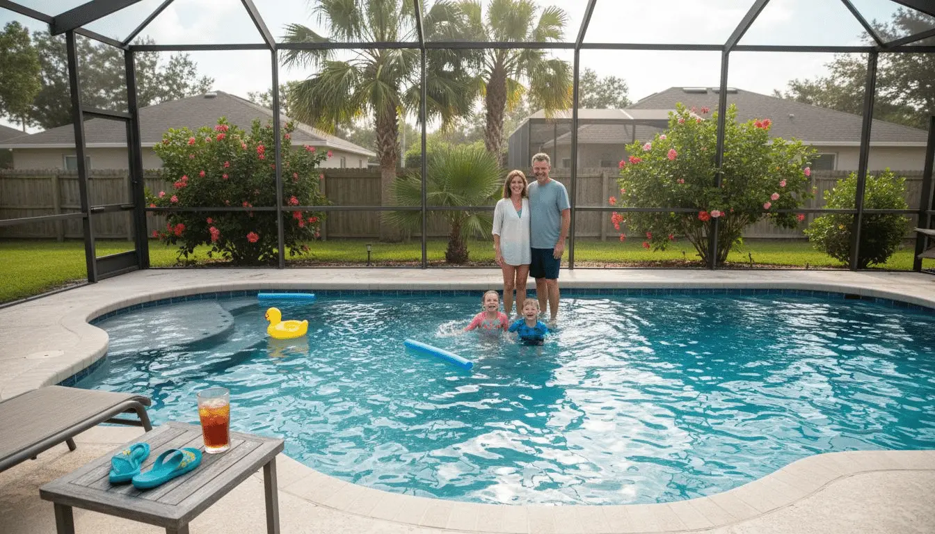 Why Build a Pool in Central Florida? Key Benefits Family standing in a freeform pool inside a screen enclosure