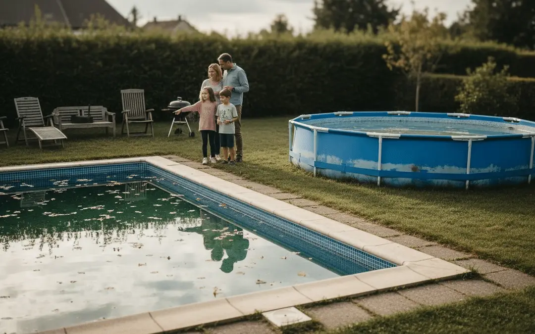 Family looking at a green neglected inground pool next to an above-ground pool in their yard