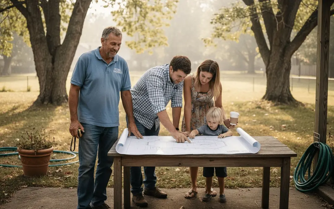 Pool builder going over plans with a young family at an outdoor table