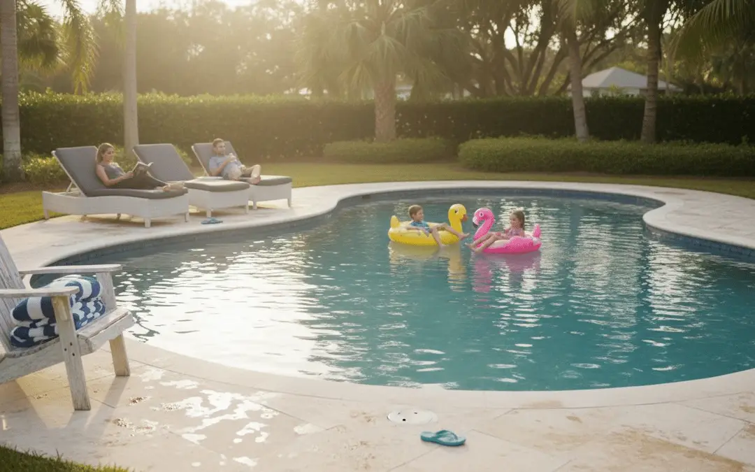Kids with floats in a freeform pool while parents relax on loungers