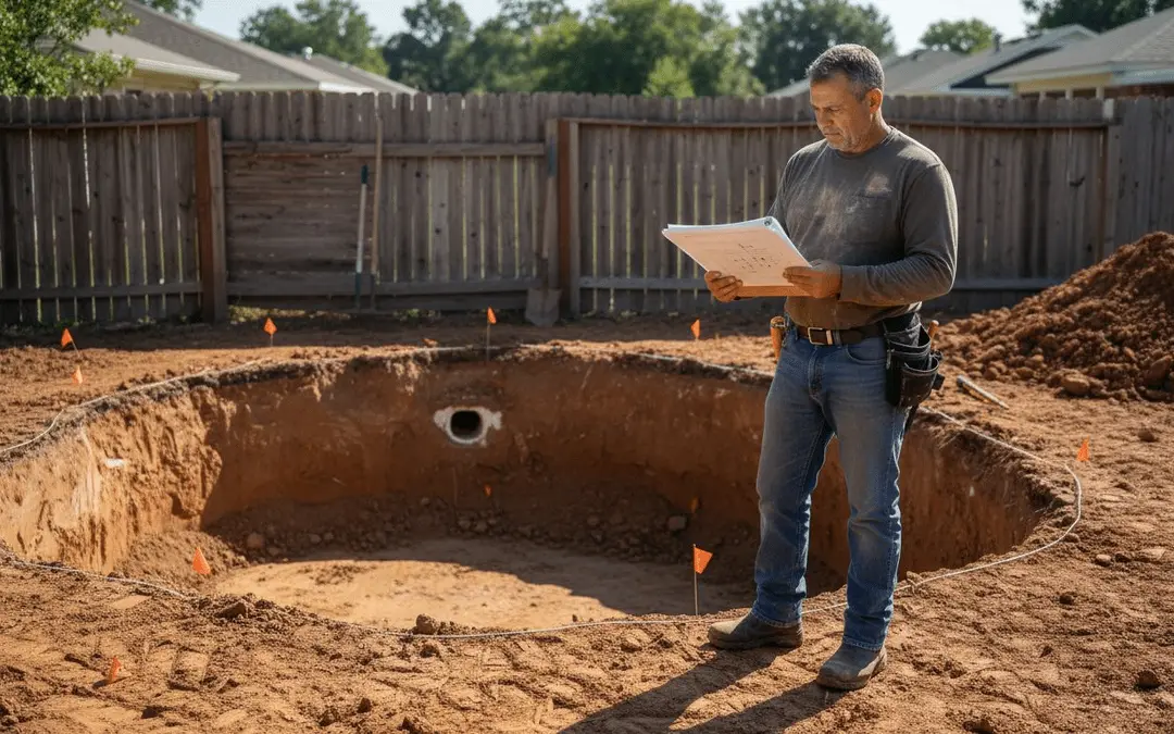 Contractor holding plans beside a freshly excavated round pool hole in a fenced backyard