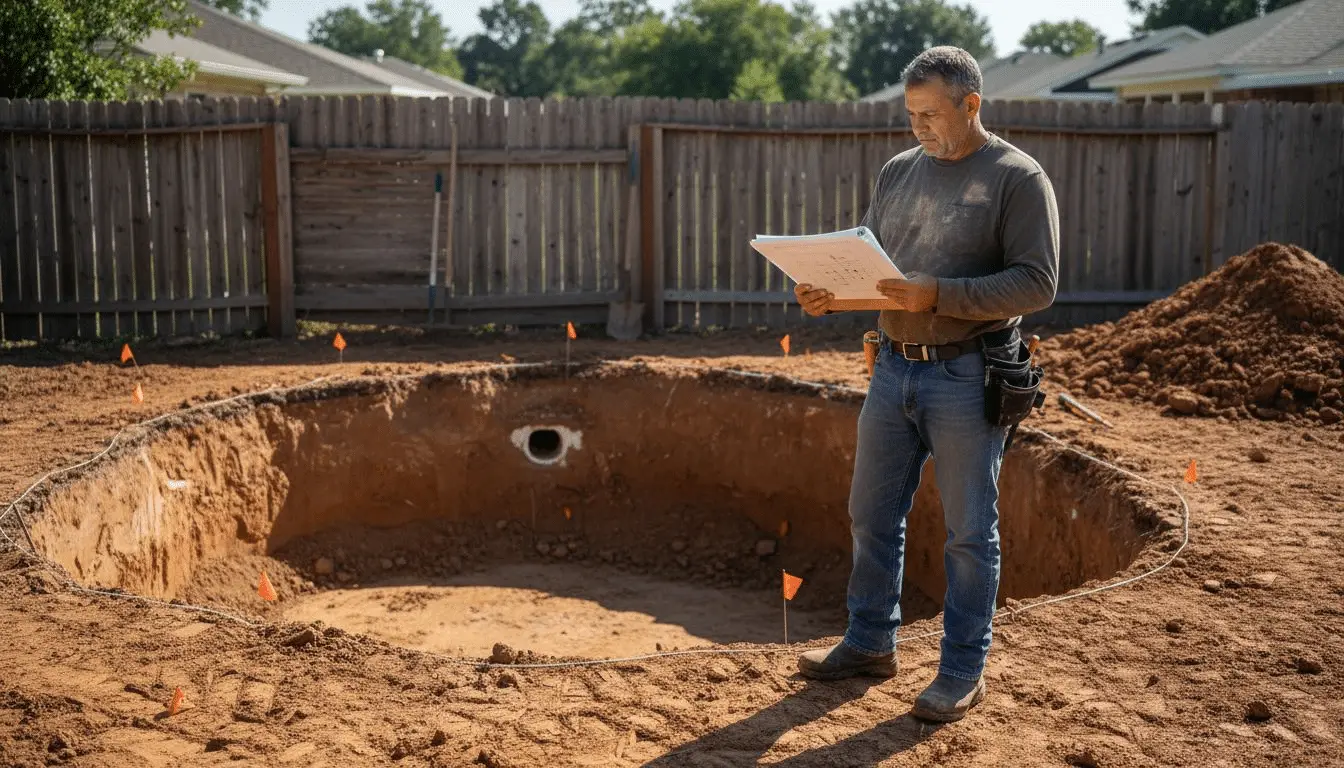 Contractor holding plans beside a freshly excavated round pool hole in a fenced backyard