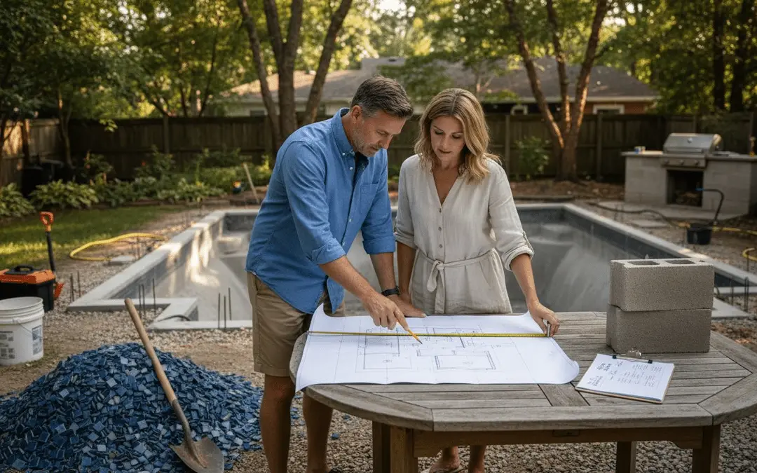 Couple reviewing pool plans at a table beside a rectangular pool shell under construction