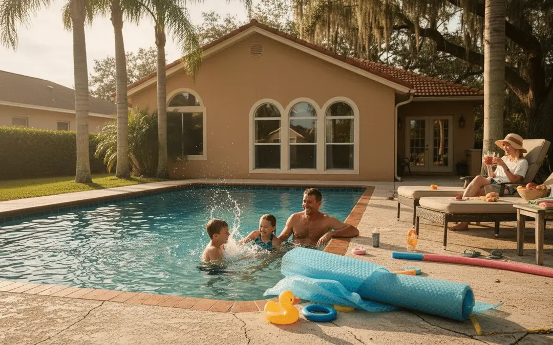 Family playing in a rectangular pool behind a stucco home with arched windows