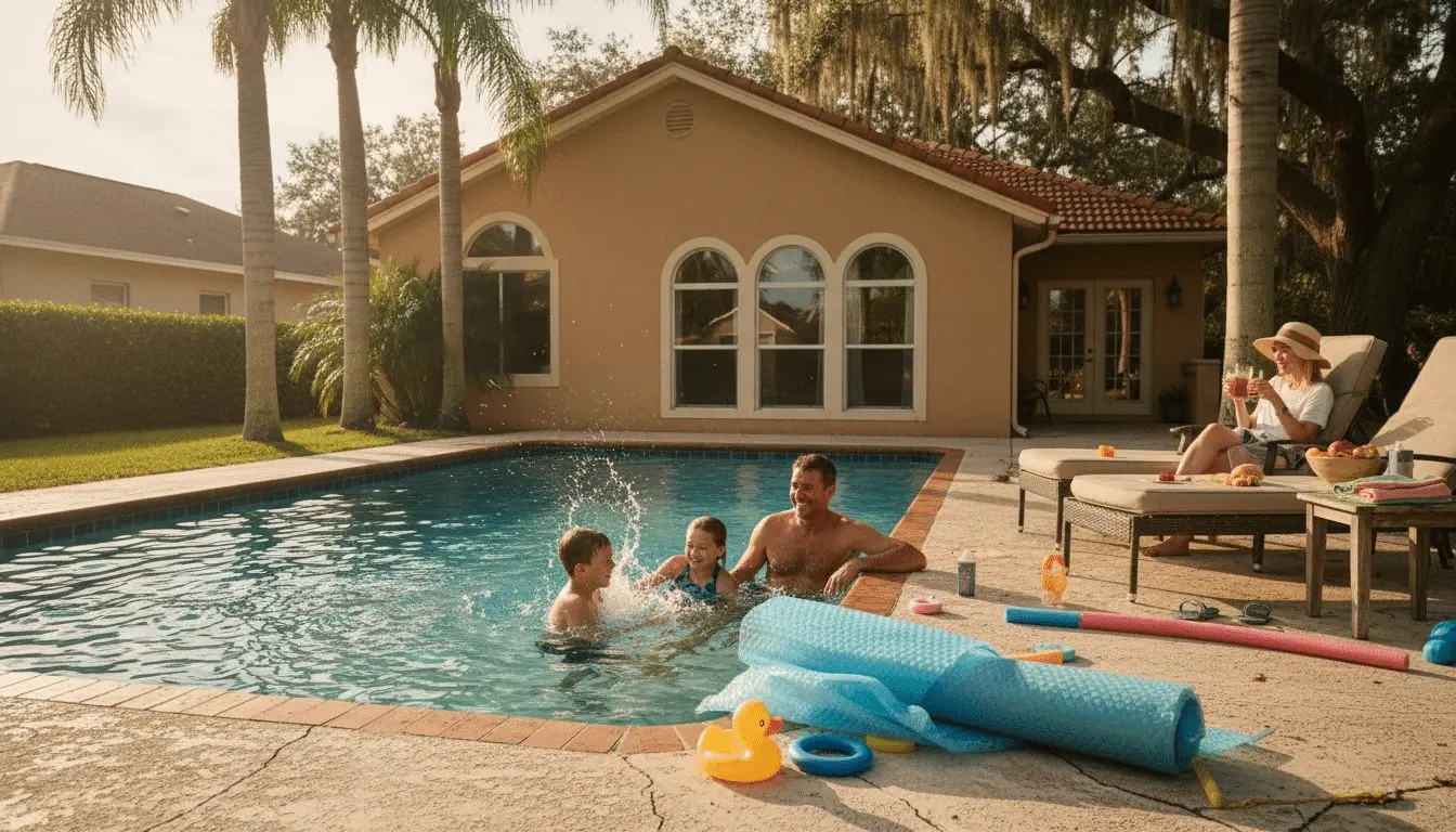 Why Choose Inground Pools for Central Florida Homes Family playing in a rectangular pool behind a stucco home with arched windows