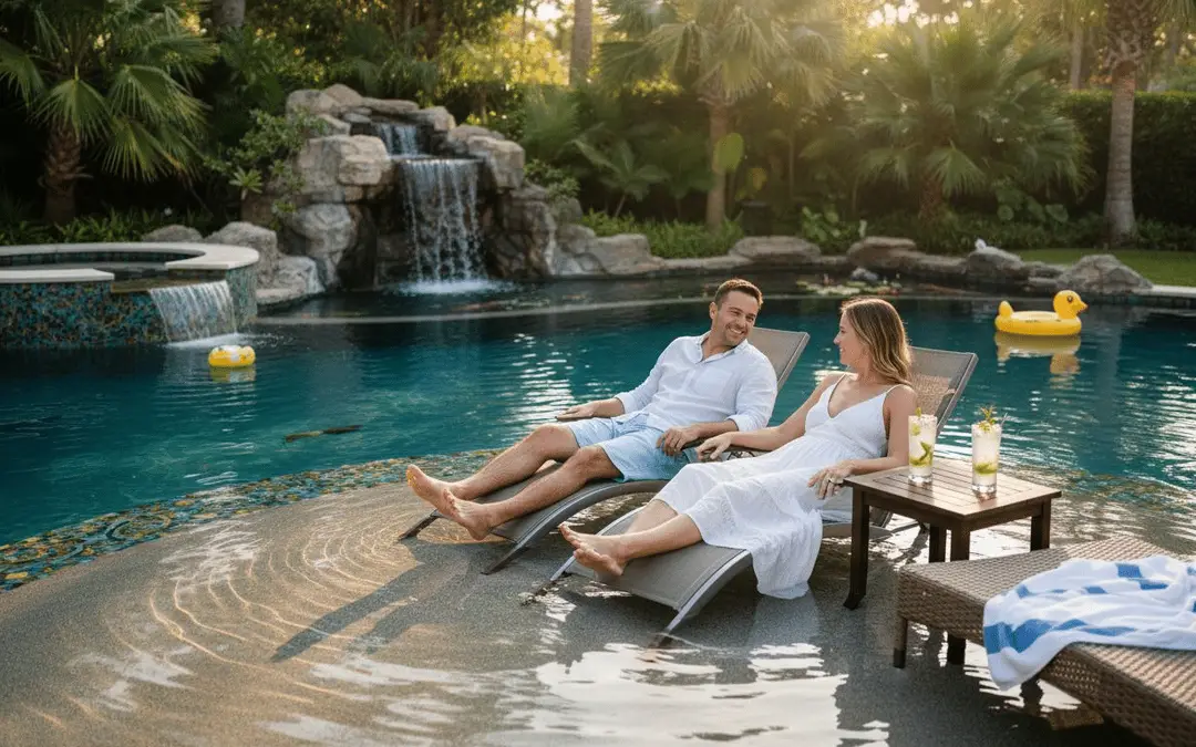 Couple lounging on a sun shelf in a lagoon pool with a rock waterfall and spa