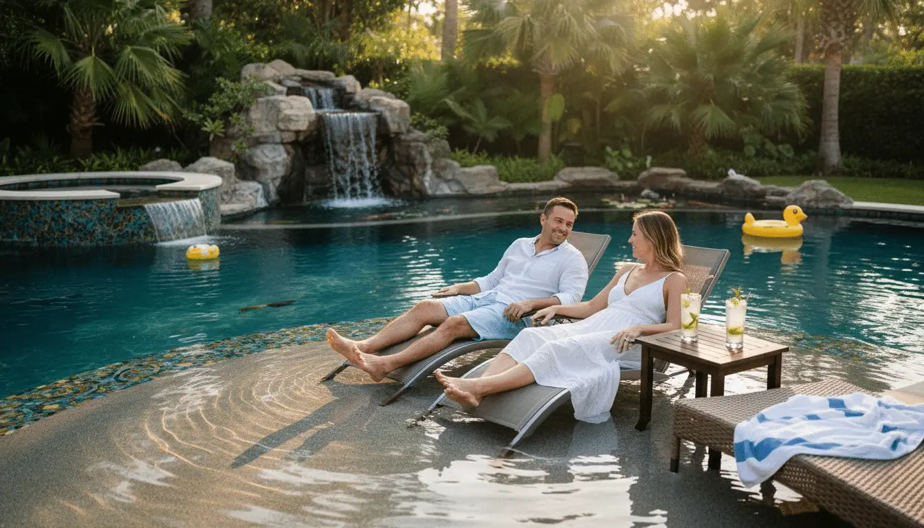 7 Luxury Pool Features List for Upscale Outdoor Living Couple lounging on a sun shelf in a lagoon pool with a rock waterfall and spa
