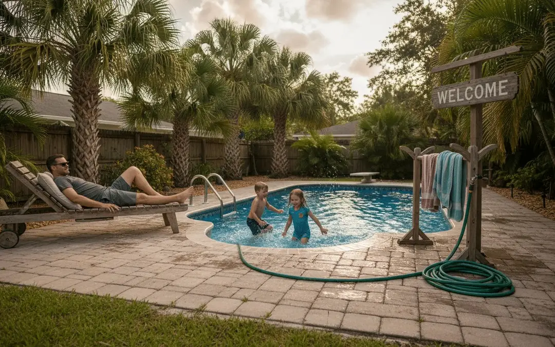 Man on a lounger watching kids swim in a small backyard pool