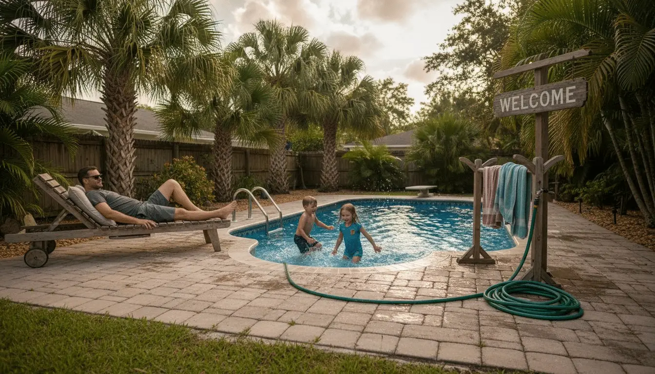Why Choose Fiberglass Pools for Central Florida Man on a lounger watching kids swim in a small backyard pool