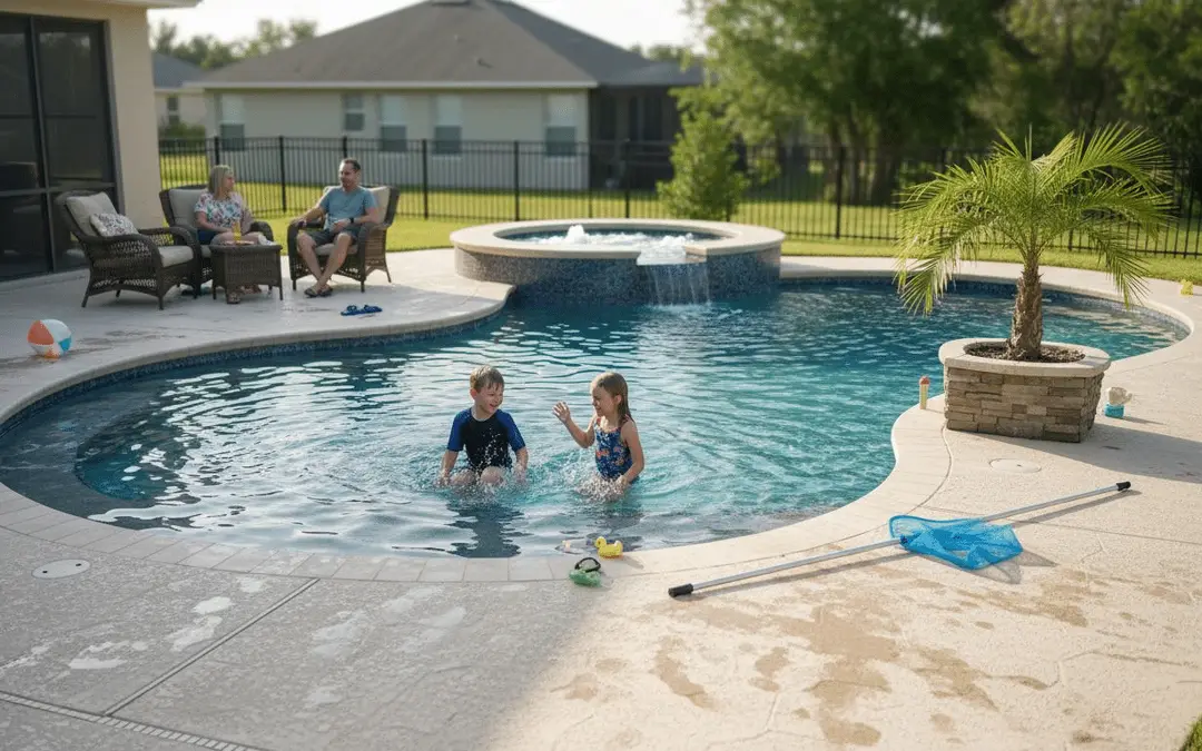 Kids playing in a freeform pool with a raised spa and spillover