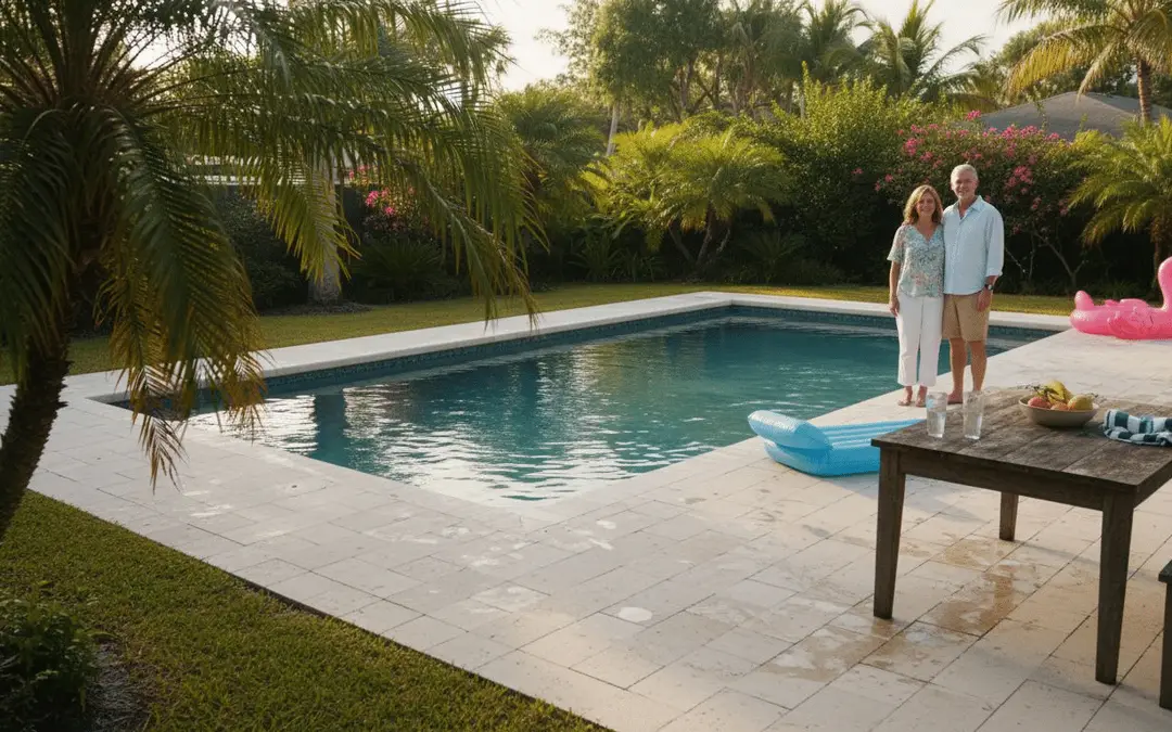 Couple standing beside a rectangular pool with a paver deck and palm trees