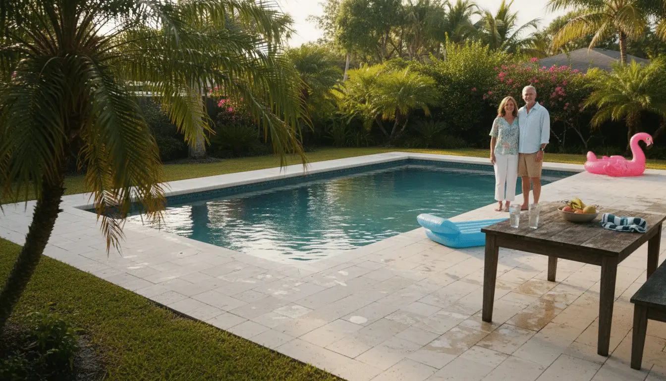 Couple standing beside a rectangular pool with a paver deck and palm trees