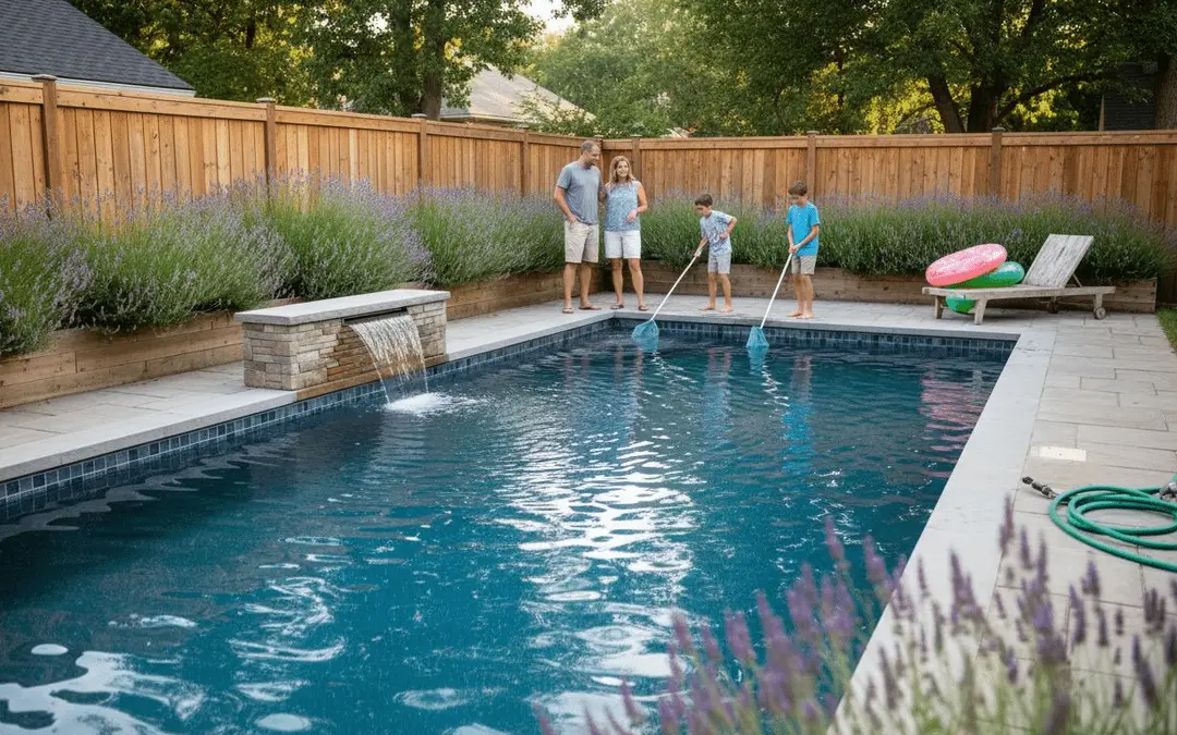 Family cleaning a rectangular pool with a stone water feature and lavender border