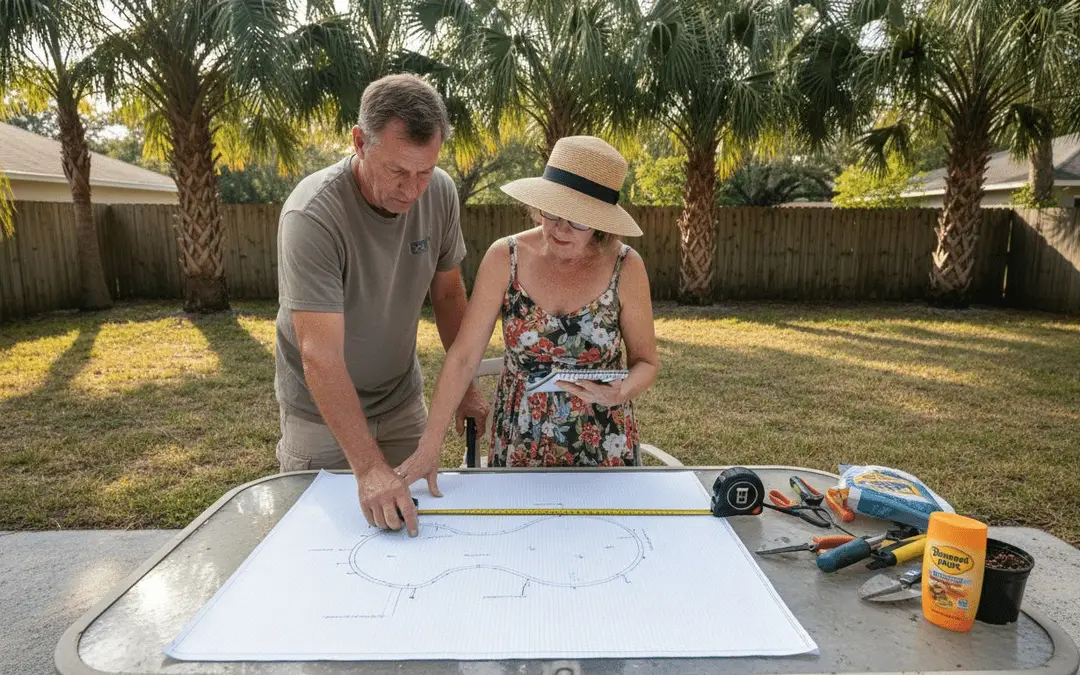 Couple marking up a pool layout drawing on an outdoor table in a palm-lined yard