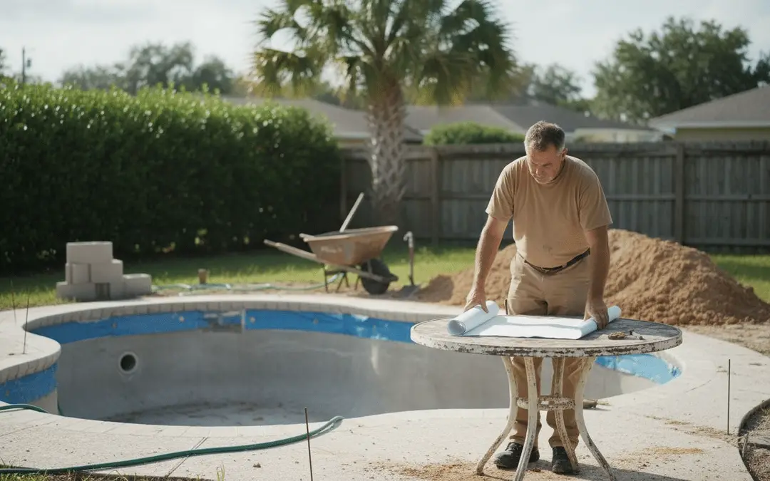 Builder spreading out plans beside an unfinished pool shell