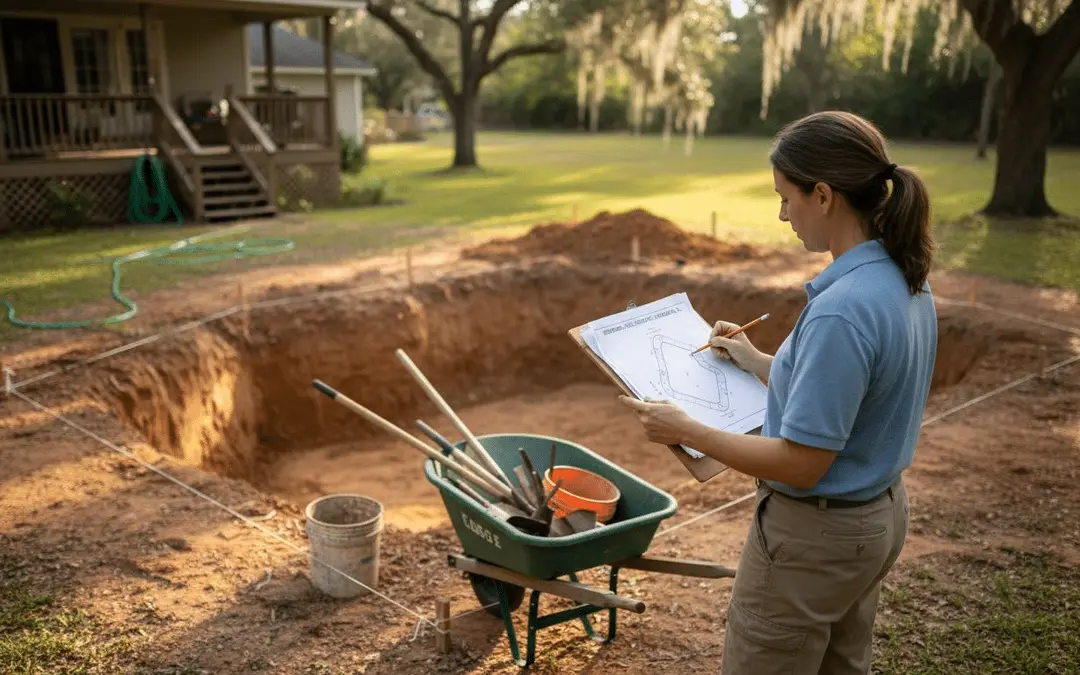 Woman with a clipboard checking a pool excavation beside a wheelbarrow