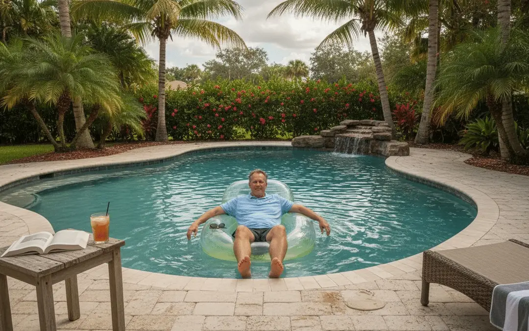 Man floating in an inner tube in a kidney-shaped pool with a small rock waterfall