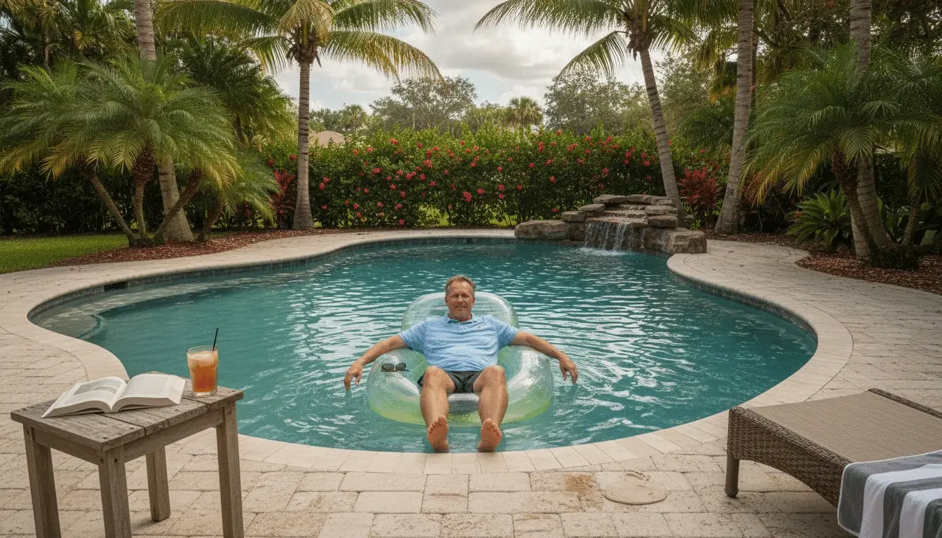Man floating in an inner tube in a kidney-shaped pool with a small rock waterfall