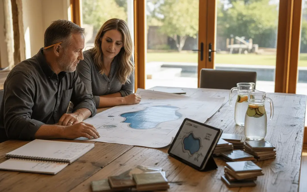 Couple reviewing pool designs and tile samples at a dining table