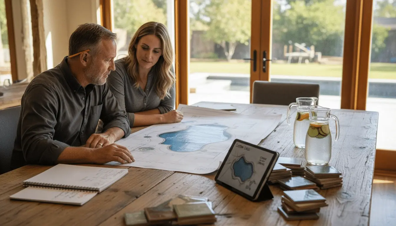 How to Select Pool Contractor for Custom Pools Couple reviewing pool designs and tile samples at a dining table