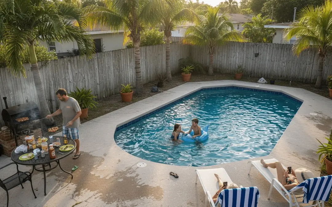 Family grilling and swimming at a freeform pool in a fenced backyard