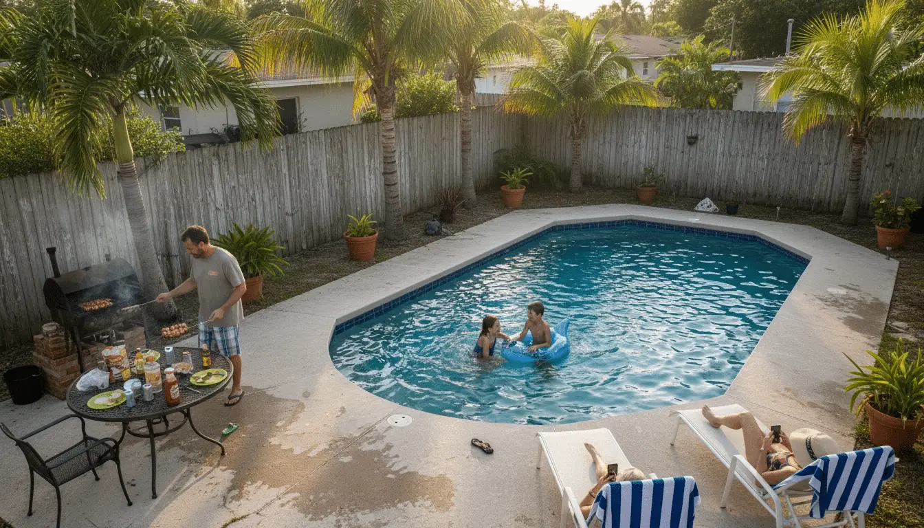Family grilling and swimming at a freeform pool in a fenced backyard
