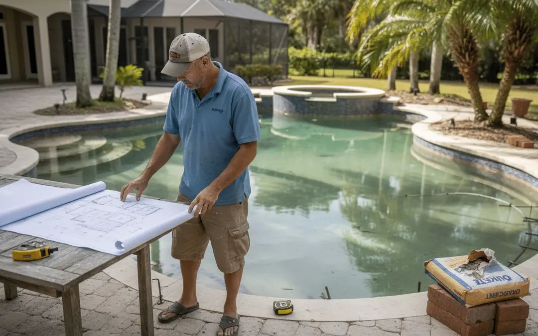 Pool contractor laying out plans beside a freeform pool with a spa
