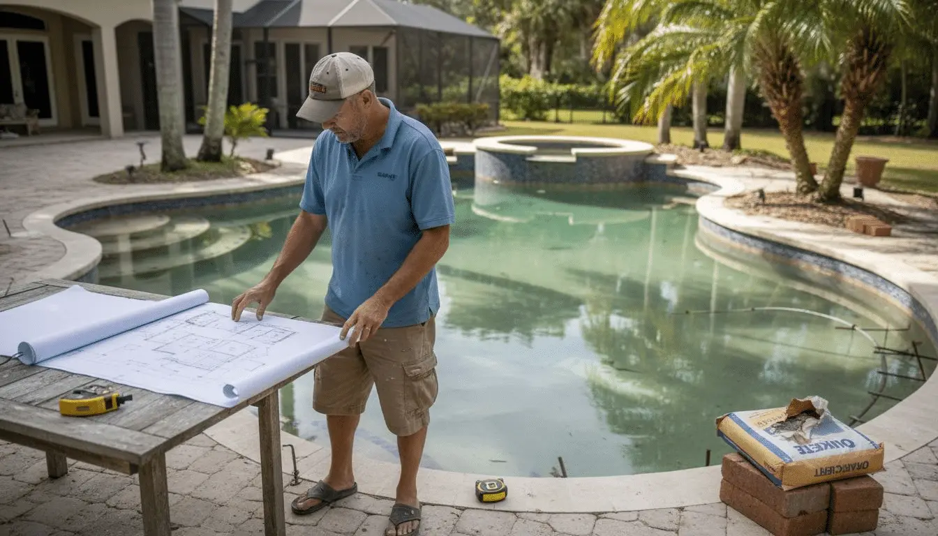 Pool contractor laying out plans beside a freeform pool with a spa