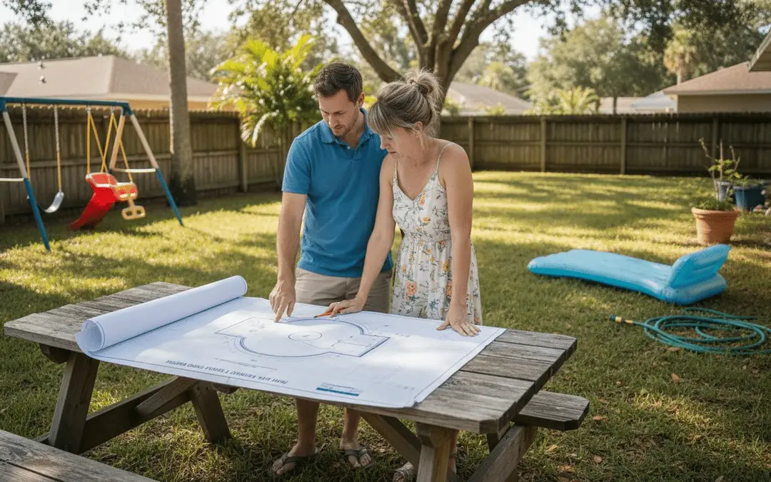 Couple reviewing a pool layout drawing on a picnic table in a grassy backyard