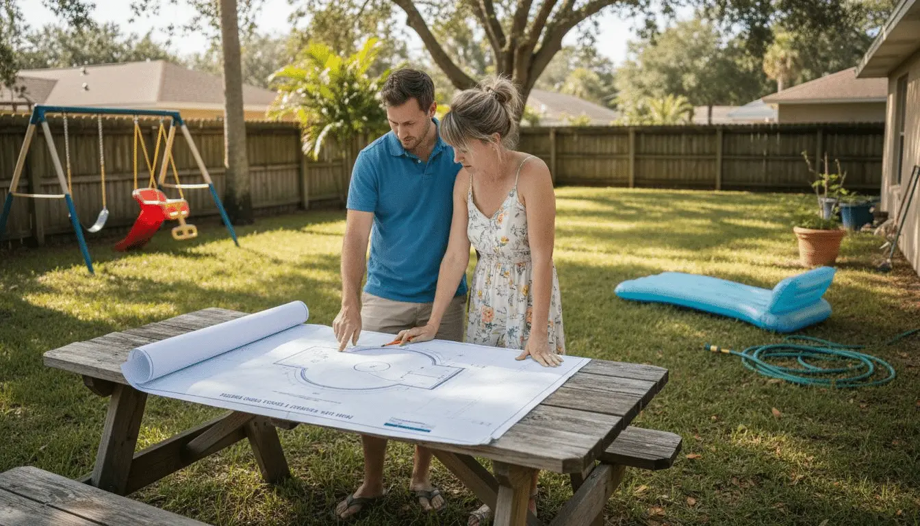 Custom Pool Planning Guide for Central Florida Homes Couple reviewing a pool layout drawing on a picnic table in a grassy backyard