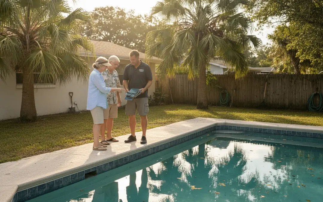 Couple and a contractor looking at plans beside a rectangular pool