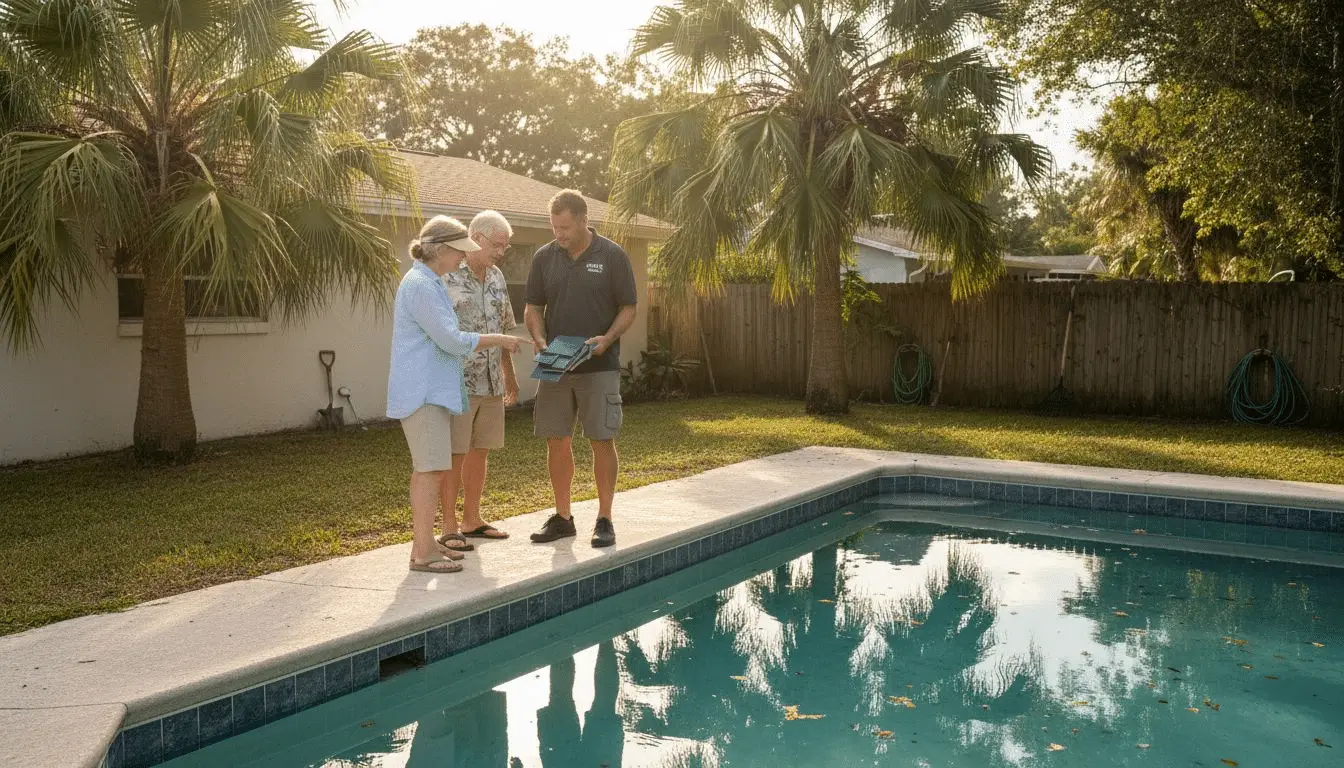 Couple and a contractor looking at plans beside a rectangular pool
